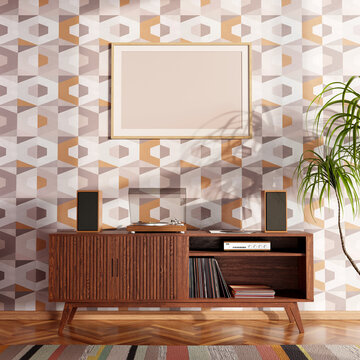 Retro style living room with hi-fi audio turntable. Colorful patterns and furniture. 3D render. 3D illustration.