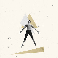 Contemporary art collage. Muscular young man, ballet dancer performing, dancing. Jumping movements over light background