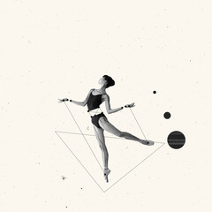 Contemporary art collage. Tender young girl, ballerina on pointe performing in black bodysuit over...