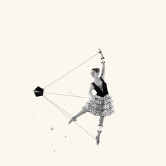 Contemporary art collage. Attractive young woman, ballerina dancing over light beige background