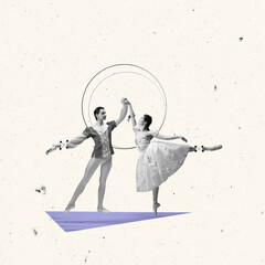 Contemporary art collage. Classical performance. Man and woman, ballet dancers over light background