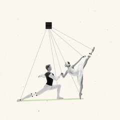 Contemporary art collage. Man and woman, ballet dancers performing classical dance - obrazy, fototapety, plakaty