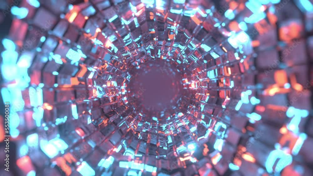 Poster round tunnel with shiny cubes. abstract flight in a futuristic corridor, seamless loop background. g