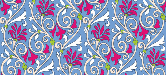 Abstract Oriental Baroque Florals Branches Vintage Motif Leaves Seamless Elegant Pattern Trendy Fashion Colors Damask Style Concept Ornamental Swirls