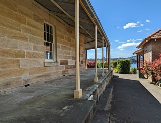 The elegant verandah of Biloela House, home of the superintendent, and built by convicts on Cockatoo Island, Sydney, Australia. 