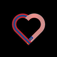 unity concept. heart ribbon icon of mongolia and malaysia flags. vector illustration isolated on black background