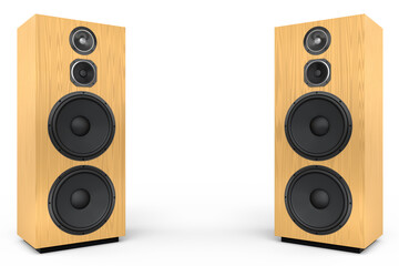 Hi-fi speakers with loudspeakers for sound recording studio on white background.