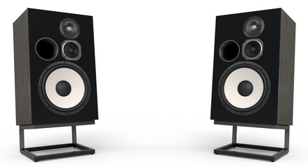 Hi-fi speakers with loudspeakers on stand on white background.