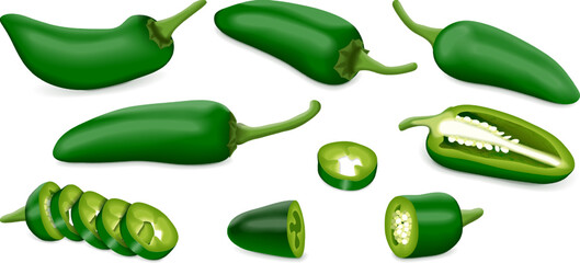 Set with whole, half, quarter, slices, and wedges of Green Jalapeno chili peppers. Jalapeno. Capsicum annuum. Chili pepper. Vegetables. Vector illustration isolated on white background. - obrazy, fototapety, plakaty