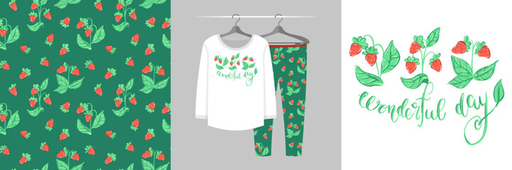 Seamless pattern and illustration for kid with strawberry bush, Wonderfu day. Cute design pajamas on hanger. Baby background for clothes, fashion t-shirt print, invitation card, wrapping