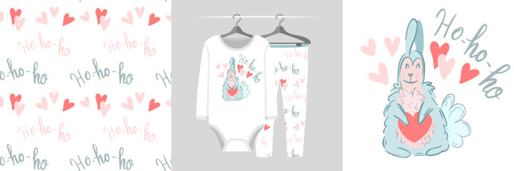 Seamless pattern and illustration set with Christmas rabbit and Ho ho ho text. Cute design pajamas on a hanger. Baby background for apparel, room decor, tee prints, fabric design, wrapping