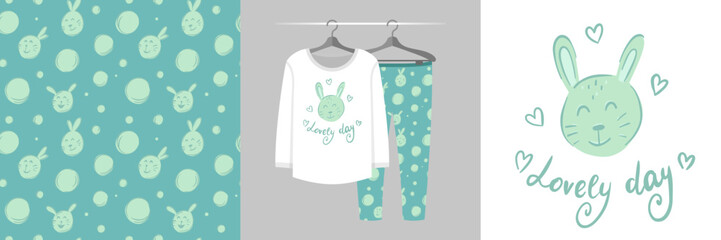 Seamless pattern and illustration set with bunny and Lovely day text. Cute design pajamas on a hanger. Baby background for apparel, room decor, tee prints, baby shower, fabric design, wrapping