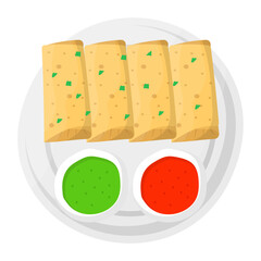 Cheese sticks with dip sauces concept, Fried Mozzarella dough vector icon design, Fast Food symbol, Junk food sign, popular inexpensive good taste snacks stock illustration 