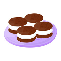 Vanilla flavored Filled cookies concept, Chocolate and cream biscuits vector icon design, Fast Food symbol, Junk food sign, popular inexpensive good taste snacks stock illustration 