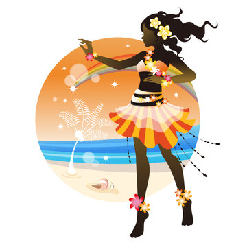Silhouette of tanned  hula girl dancer with Hawaiian background