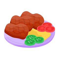 Round steak concept, Ribeye meat pieces with vegetables vector icon design, Fast Food symbol, Junk food sign, popular inexpensive good taste snacks stock illustration 