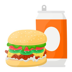 Classic American Juicy Burger with Can concept, Short Sandwich and Drink Complete Meal vector icon design, Fast Food symbol, Junk food sign, popular inexpensive good taste snacks stock illustration 