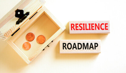 Resilience roadmap symbol. Concept word Resilience roadmap typed on wooden blocks. Beautiful white table white background. Wooden chest with coins. Business and resilience roadmap concept. Copy space.