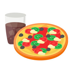 traditional pizza with cola concept, Italian staple Flatbread vector icon design, Fast Food symbol, Junk food sign, popular inexpensive good taste snacks stock illustration 