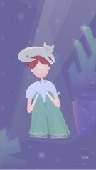 Vector sitting young man, boy or kid with a cat lying on his head. The illustration can be used as a greeting card devoted to New Year, Christmas.
