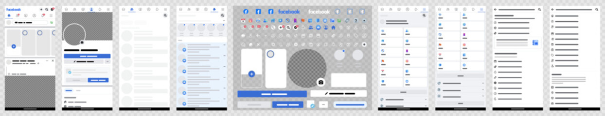 Set facebook screen social media and social network interface template. Facebook mockup. Editorial vector.