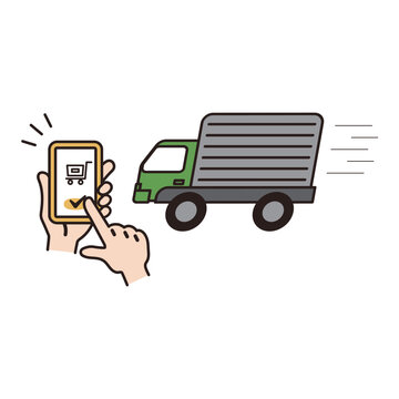 Illustration of a hand shopping with a truck and a smartphone.