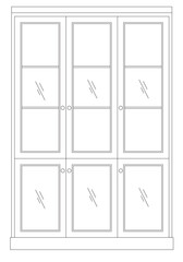 2D graphic image of the front view of a wardrobe or cupboard made of wood. CAD drawing in black and white.
