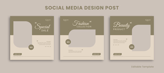 Set of 3 Editable Templates Social Media Instagram Design Post with Pastel and Aesthetic Style. Suitable for Sale Banner, Branding, Promotion, Presentation, Advertising, Fashion, Beauty, bakery