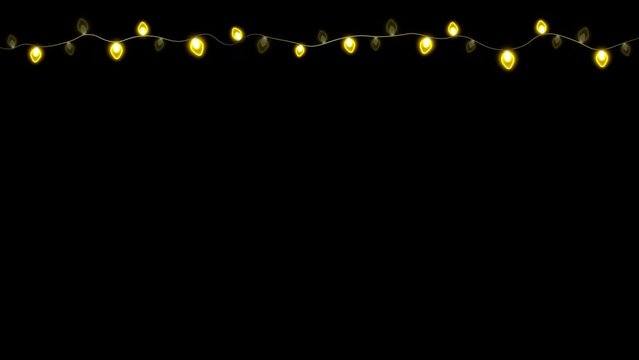 4K Yellow Christmas and New Year String Light Bulbs. Light strings with flashing Yellow tungsten light bulbs. Looping isolated rendering Flickering Christmas light decoration background animation.