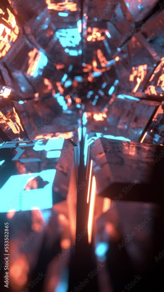 Poster abstract flight in a futuristic corridor, seamless loop background. round tunnel with shiny cubes. g