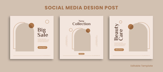 Set of 3 Editable Templates Social Media Instagram Design Post with Pastel and Aesthetic Style. Suitable for Sale Banner, Branding, Promotion, Presentation, Advertising, Fashion, Beauty, bakery