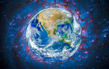 Planet Earth in the space. Red nebula in the background. Space, sci-fi background photo. Elements of this image furnished by NASA.