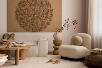 Interior design of living room interior with mock up poster frame, modular sofa, wooden coffee...