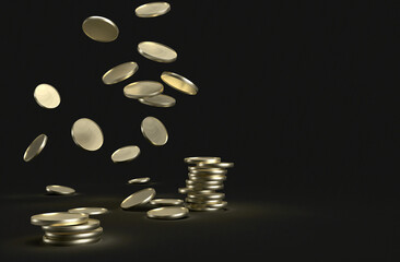 3D Realistic Golden coins. Gold coins cash money in piles, isolated on black transparent background.