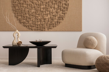 Creative composition of living room interior with mock up poster frame, modern black coffee table,...