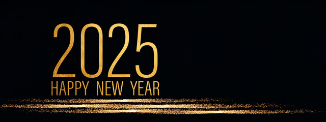 2025 Happy New Year holiday Greeting Card banner - Golden year and glitter stripes on black night texture background