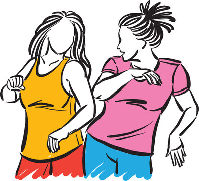 two women dancing fitness work out together having fun vector illustration