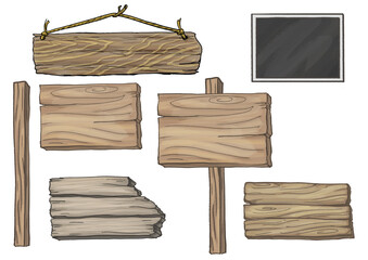 Set of illustrations of wooden signboards. Place for text. Advertising sign. wooden stands