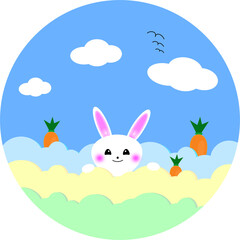 Cute Bunny illustration, rabbit clip art, spring card nature:, carrots,  birds, blue sky, clouds shape drawing