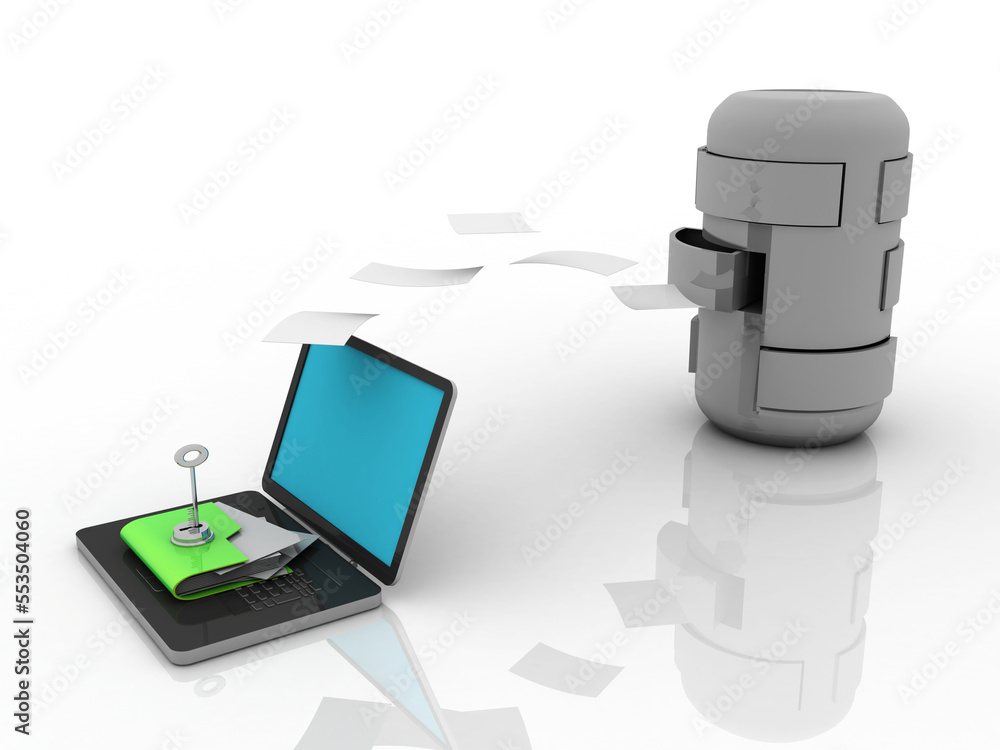 Poster 3d rendering folder on laptop with key protection near database