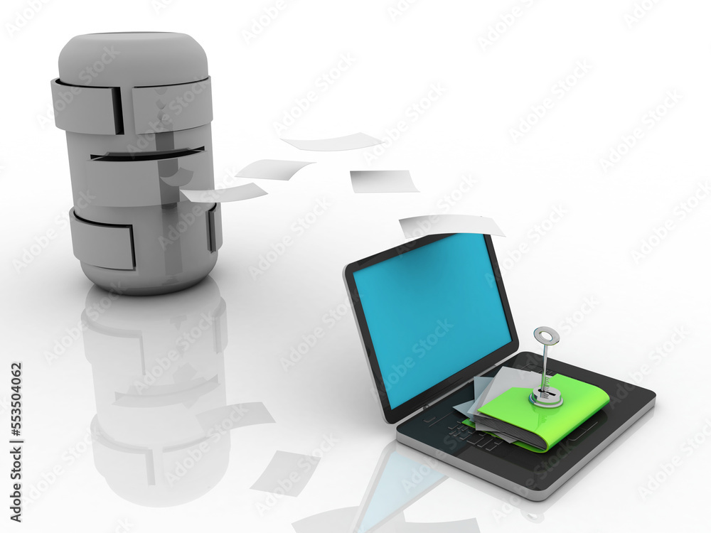 Poster 3d rendering folder on laptop with key protection near database