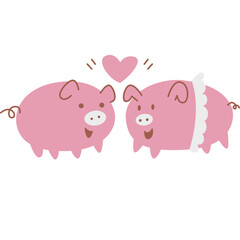 Little pigs couple, loving each other very much. Pig couple getting married. Two pigs love each other and have hearts. for decorating the wedding ornament for valentine's day. Animal lovers