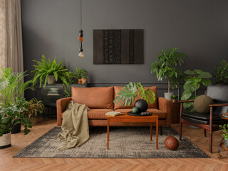 Interior design of living room interior with mock up poster frame, brown sofa, plants, wooden...