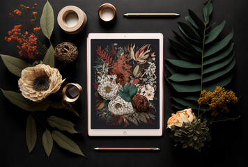 floral arrangement and tablet in a flat lay. Generative AI