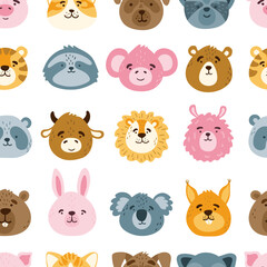 Cute funny animal faces, heads vector seamless pattern. Cartoon muzzles texture. Vector illustration for print on children's clothing, greeting cards, nursery, stationery, room decor