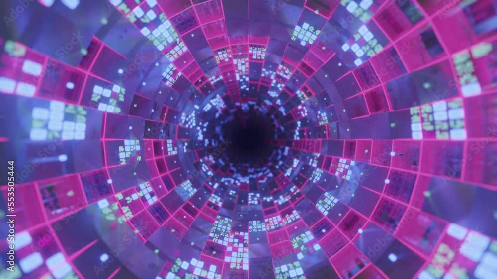 Poster slow motion camera in a futuristic tunnel with glowing cubes. data movement concept. seamless animat