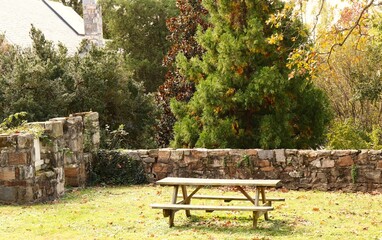 Empty PIcnic Table, Stone Wall