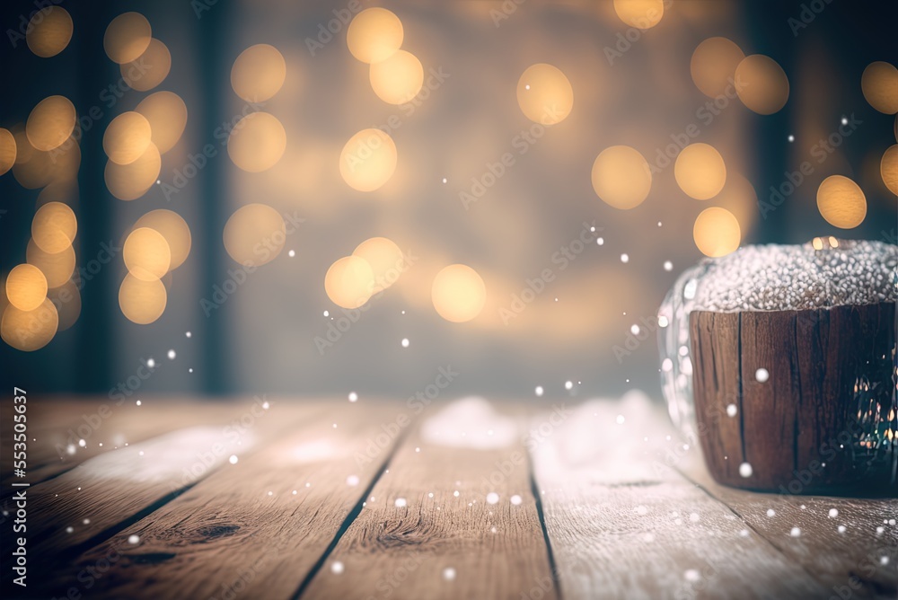 Aufkleber bokeh and snow on a wooden table make for a wintry, homey backdrop. the idea of creating a joyous am