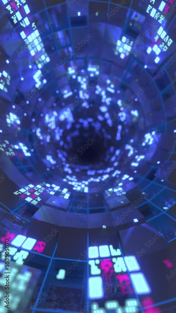 Poster data movement concept. slow motion camera in a futuristic tunnel with glowing cubes. seamless animat