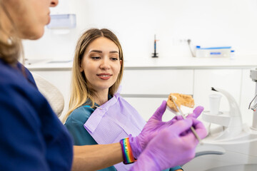 Female dentist takling with patient showing theet implant in dental clinic.